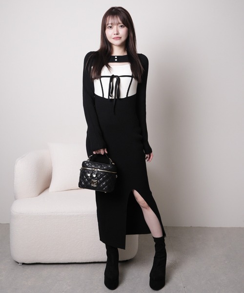 デコルテオープンバイカラーリボンニットワンピース（ワンピース