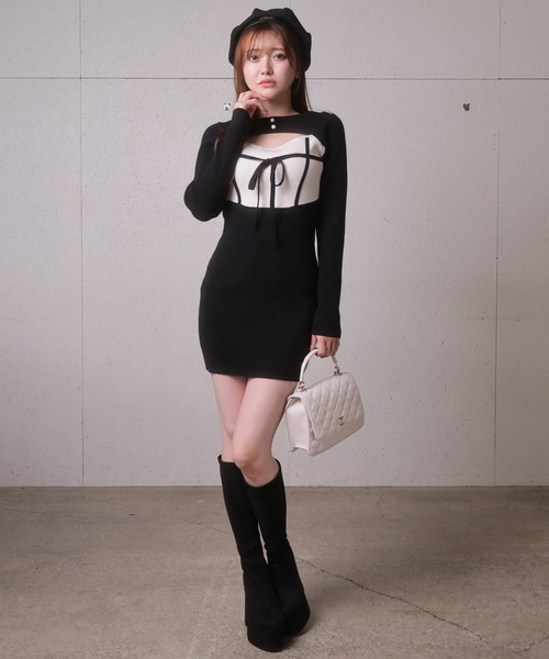 デコルテオープンバイカラーリボンニットワンピース（ワンピース