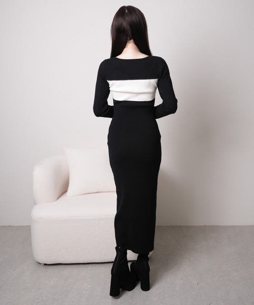 デコルテオープンバイカラーリボンニットワンピース（ワンピース