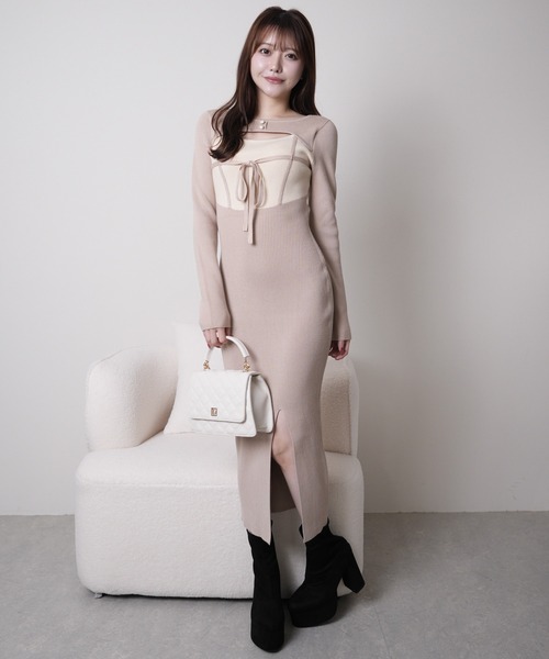 デコルテオープンバイカラーリボンニットワンピース（ワンピース