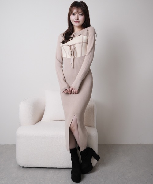 デコルテオープンバイカラーリボンニットワンピース（ワンピース