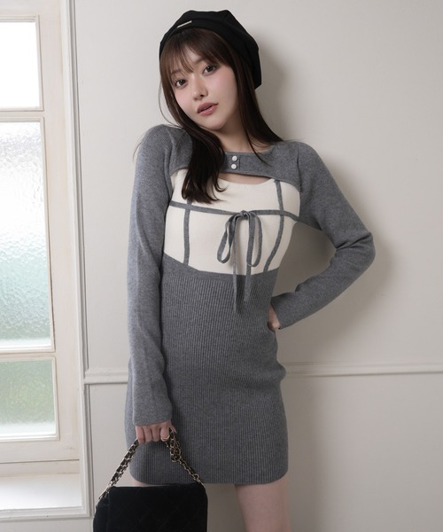 デコルテオープンバイカラーリボンニットワンピース（ワンピース