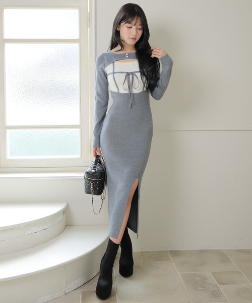 デコルテオープンバイカラーリボンニットワンピース（ワンピース