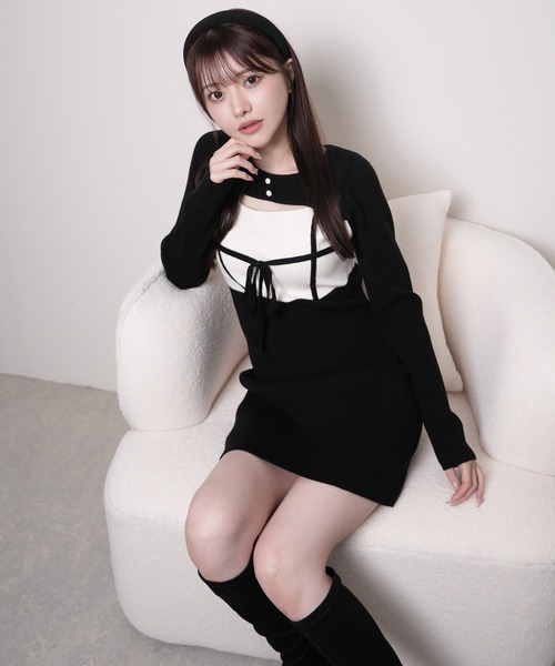 LIPSERVICE（リップサービス）の「デコルテオープンバイカラーリボンニットワンピース（ワンピース・レディース・ブラック/ベージュ/グレー・M/S）」の19枚目の写真