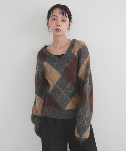 セール】アーガイルVネックニットプルオーバー（ニット/セーター