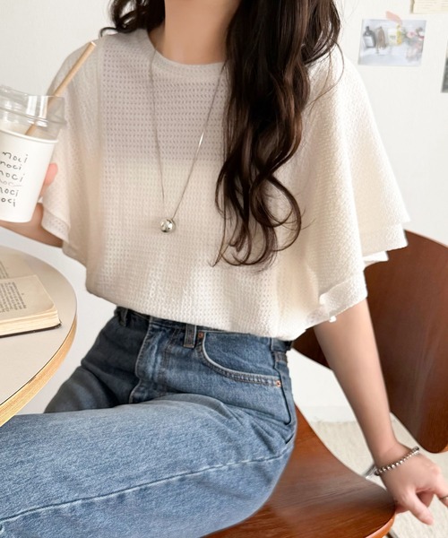 classicalelf（クラシカルエルフ）の「一枚で“きれい可愛い”が完成！レースジャガードフリルスリーブTシャツ（Tシャツ/カットソー・レディース・ブラック/グレイッシュベージュ/アイボリー・LARGE/MEDIUM/SMALL/X-LARGE）」の9枚目の写真