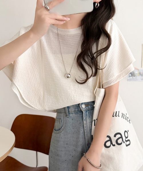 classicalelf（クラシカルエルフ）の「一枚で“きれい可愛い”が完成！レースジャガードフリルスリーブTシャツ（Tシャツ/カットソー・レディース・ブラック/グレイッシュベージュ/アイボリー・LARGE/MEDIUM/SMALL/X-LARGE）」の8枚目の写真