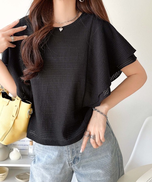 classicalelf（クラシカルエルフ）の「一枚で“きれい可愛い”が完成！レースジャガードフリルスリーブTシャツ（Tシャツ/カットソー・レディース・ブラック/グレイッシュベージュ/アイボリー・LARGE/MEDIUM/SMALL/X-LARGE）」の18枚目の写真