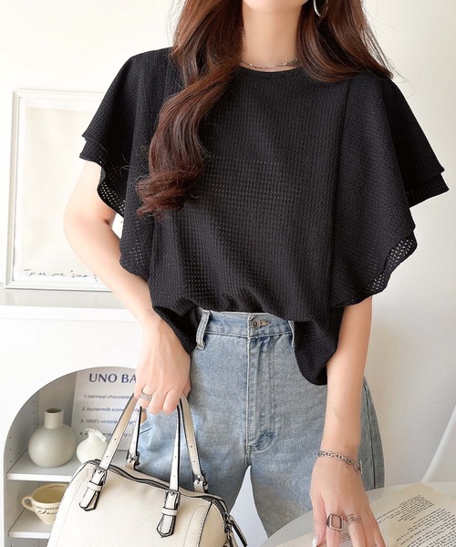 classicalelf（クラシカルエルフ）の「一枚で“きれい可愛い”が完成！レースジャガードフリルスリーブTシャツ（Tシャツ/カットソー・レディース・ブラック/グレイッシュベージュ/アイボリー・LARGE/MEDIUM/SMALL/X-LARGE）」の16枚目の写真