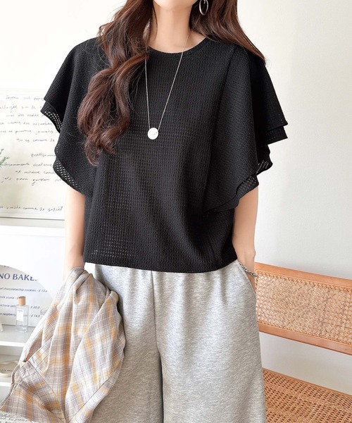 classicalelf（クラシカルエルフ）の「一枚で“きれい可愛い”が完成！レースジャガードフリルスリーブTシャツ（Tシャツ/カットソー・レディース・ブラック/グレイッシュベージュ/アイボリー・LARGE/MEDIUM/SMALL/X-LARGE）」の22枚目の写真