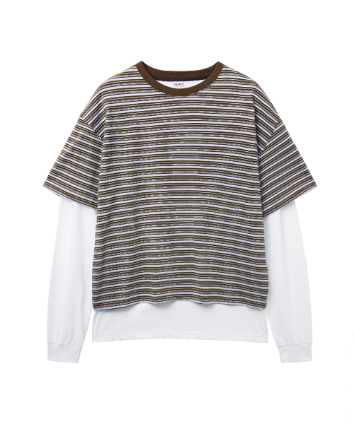 RENSE（レンセ）の「Stripe Oversize Layered Tee Brown（Tシャツ/カットソー・レディース・その他・OS）」の3枚目の写真