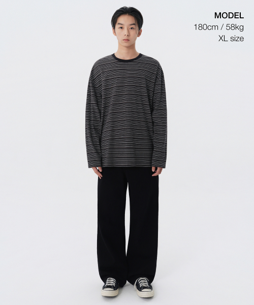 MUSINSA STANDARD（ムシンサスタンダード）の「マルチストライプリラックスド長袖Tシャツ4[ブラック]（Tシャツ/カットソー・メンズ・その他・XX-LARGE/SMALL/MEDIUM/LARGE/X-LARGE）」の2枚目の写真