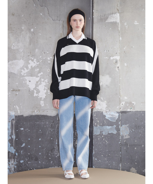 Kijun(キジュン)の「Striped Knit Rugby Top UNISEX Black Cream(ニット/セーター・レディース・その他・SMALL)」の2枚目の写真