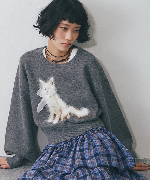 リボンキャットモチーフニットプルオーバー（ニット/セーター