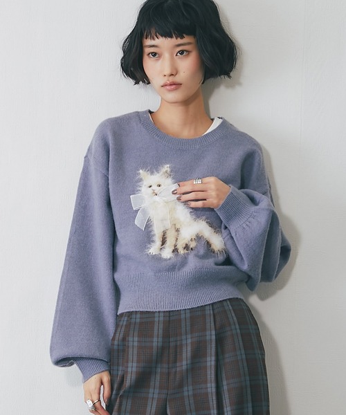 セール】リボンキャットモチーフニットプルオーバー（ニット/セーター