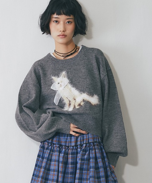 リボンキャットモチーフニットプルオーバー（ニット/セーター