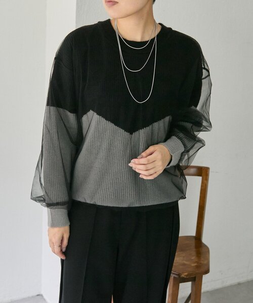 ear PAPILLONNER(イアパピヨネ)の「バイカラーシアーニット【SUM1 STYLE】(ニット/セーター・レディース・グレー/ミント・FREE)」の3枚目の写真