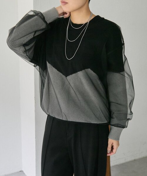 ear PAPILLONNER(イアパピヨネ)の「バイカラーシアーニット【SUM1 STYLE】(ニット/セーター・レディース・グレー/ミント・FREE)」の4枚目の写真