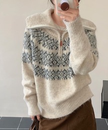 ハーフジップ配色ジャガードニットプルオーバー