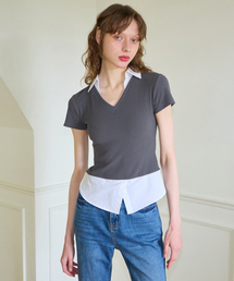 Shirt Detail V-neck Short Sleeve T_ Gray
