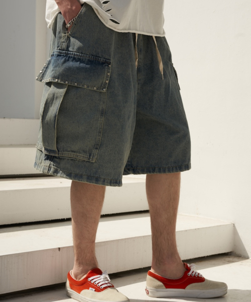 デニムポケットハッピスバミューダパンツ（中青）