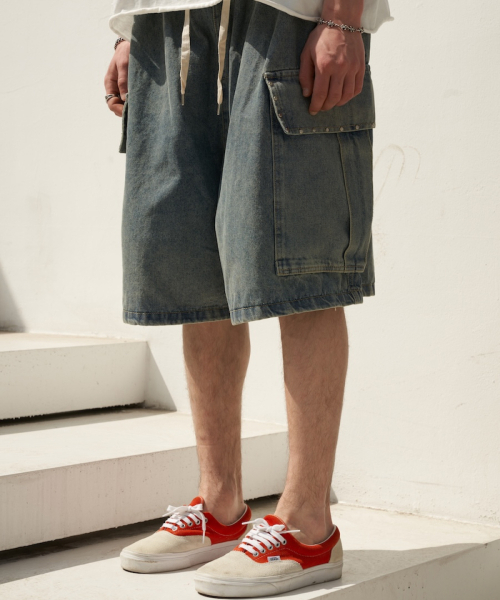 デニムポケットハッピスバミューダパンツ（中青）