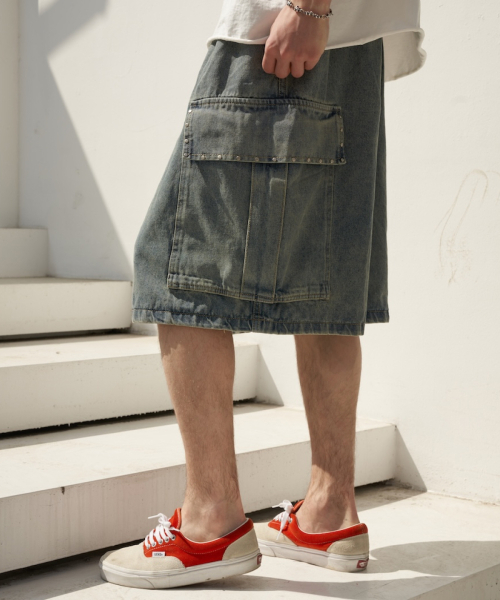 デニムポケットハッピスバミューダパンツ（中青）