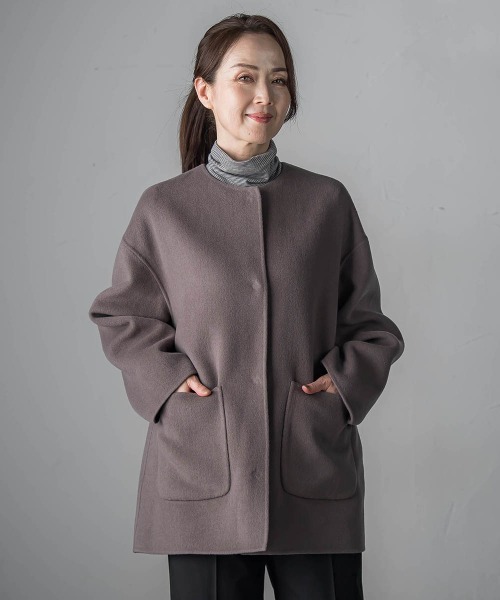 セール】<極>”軽さと贅沢なぬくもり”ノーカラーリバーコート（ノー