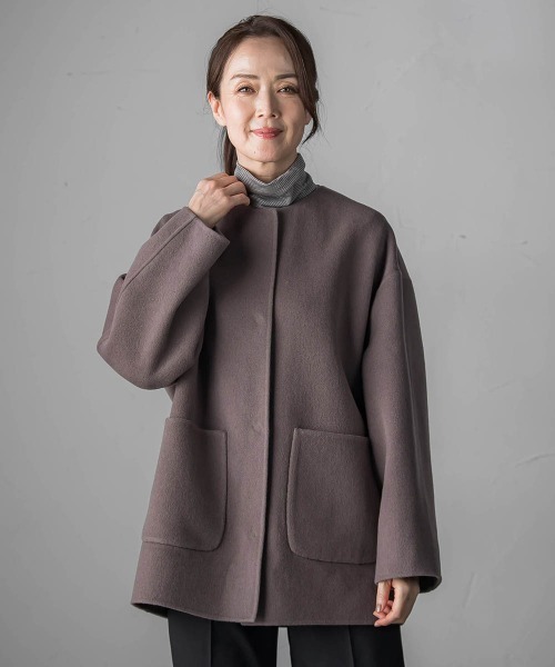 セール】<極>”軽さと贅沢なぬくもり”ノーカラーリバーコート（ノー