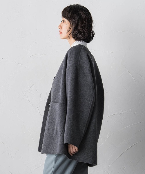 セール】<極>”軽さと贅沢なぬくもり”ノーカラーリバーコート（ノー