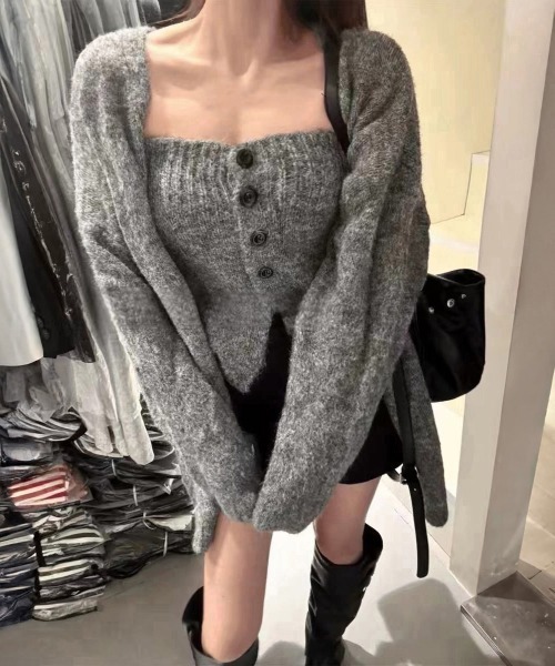 Miniministore(ミニミニストア)の「ニットアンサンブルベアトップニットカーデ(カーディガン/ボレロ・レディース・ピンク/ワインレッド/ライトベージュ/グレー/ブラウン/レッド/ブラック・FREE)」の3枚目の写真