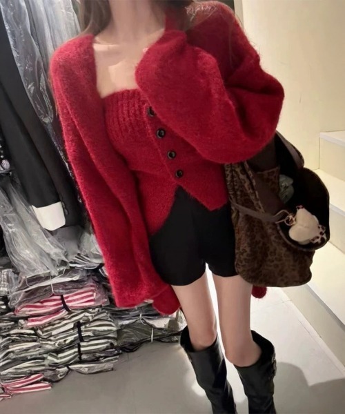 Miniministore(ミニミニストア)の「ニットアンサンブルベアトップニットカーデ(カーディガン/ボレロ・レディース・ピンク/ワインレッド/ライトベージュ/グレー/ブラウン/レッド/ブラック・FREE)」の1枚目の写真