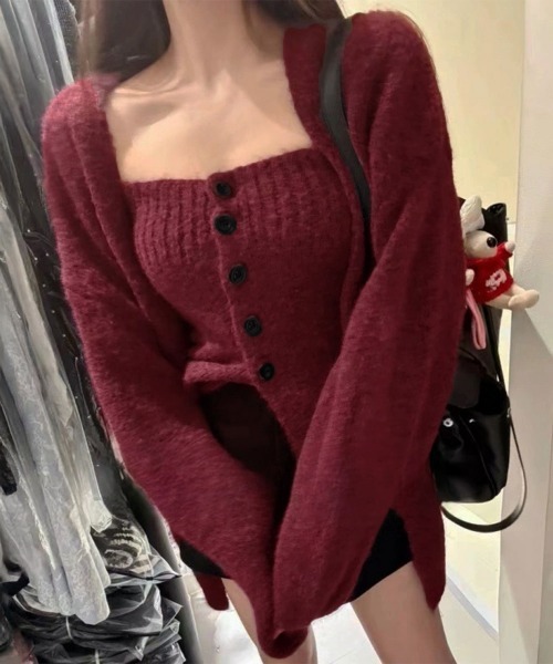 Miniministore(ミニミニストア)の「ニットアンサンブルベアトップニットカーデ(カーディガン/ボレロ・レディース・ピンク/ワインレッド/ライトベージュ/グレー/ブラウン/レッド/ブラック・FREE)」の7枚目の写真