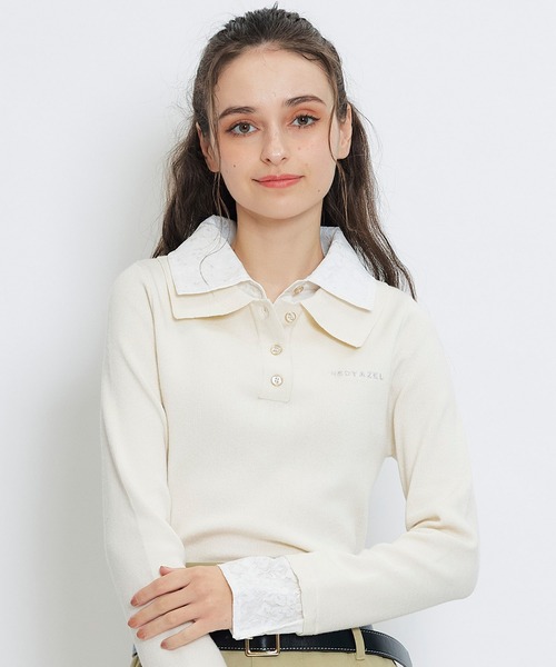 REDYAZEL(レディアゼル)の「ダブルレースカラーポロニットプルオーバー(ニット/セーター・レディース・ネイビー/ライトグレー/ホワイト/ピンク・FREE)」の2枚目の写真