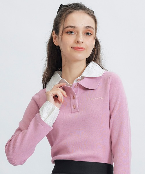 REDYAZEL(レディアゼル)の「ダブルレースカラーポロニットプルオーバー(ニット/セーター・レディース・ネイビー/ライトグレー/ホワイト/ピンク・FREE)」の4枚目の写真