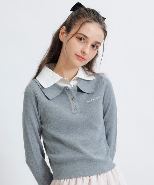 REDYAZEL(レディアゼル)の「ダブルレースカラーポロニットプルオーバー(ニット/セーター・レディース・ネイビー/ライトグレー/ホワイト/ピンク・FREE)」の3枚目の写真