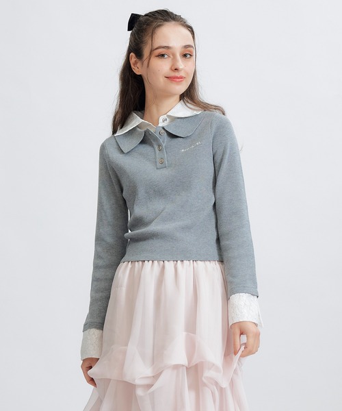 REDYAZEL(レディアゼル)の「ダブルレースカラーポロニットプルオーバー(ニット/セーター・レディース・ネイビー/ライトグレー/ホワイト/ピンク・FREE)」の9枚目の写真