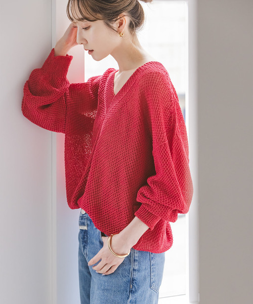 Noble(ノーブル)の「ペーパーヤーンVネック プルオーバー(ニット/セーター・レディース・チャコールグレー/イエロー/ホワイト/ピンク・FREE)」の4枚目の写真