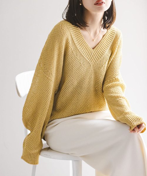 Noble(ノーブル)の「ペーパーヤーンVネック プルオーバー(ニット/セーター・レディース・チャコールグレー/イエロー/ホワイト/ピンク・FREE)」の3枚目の写真