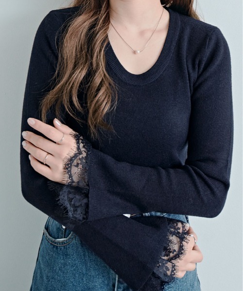 kirakiraShop(キラキラショップ)の「レース フレアスリーブ リブ ニット トップ(ニット/セーター・レディース・オレンジ/オフホワイト/ネイビー/ブラック/グリーン/ブラウン・FREE)」の5枚目の写真