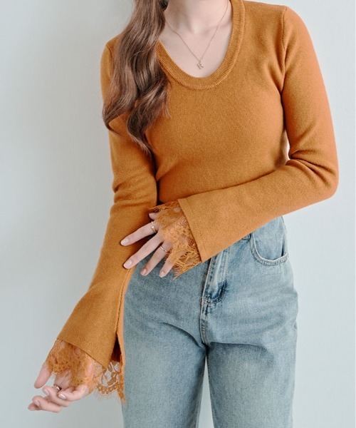 kirakiraShop(キラキラショップ)の「レース フレアスリーブ リブ ニット トップ(ニット/セーター・レディース・オレンジ/オフホワイト/ネイビー/ブラック/グリーン/ブラウン・FREE)」の6枚目の写真