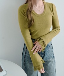 レース フレアスリーブ リブ ニット トップ