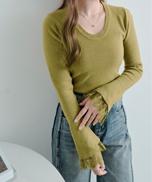kirakiraShop(キラキラショップ)の「レース フレアスリーブ リブ ニット トップ(ニット/セーター・レディース・オレンジ/オフホワイト/ネイビー/ブラック/グリーン/ブラウン・FREE)」の4枚目の写真
