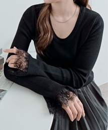 レース フレアスリーブ リブ ニット トップ