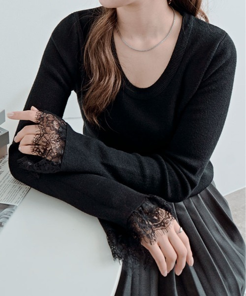 kirakiraShop(キラキラショップ)の「レース フレアスリーブ リブ ニット トップ(ニット/セーター・レディース・オレンジ/オフホワイト/ネイビー/ブラック/グリーン/ブラウン・FREE)」の2枚目の写真