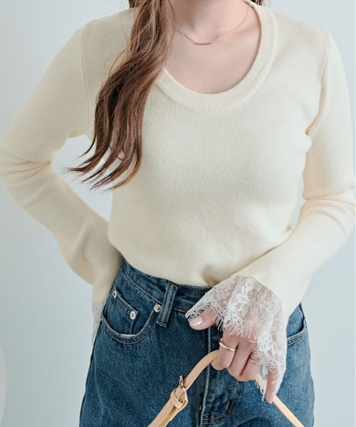kirakiraShop(キラキラショップ)の「レース フレアスリーブ リブ ニット トップ(ニット/セーター・レディース・オレンジ/オフホワイト/ネイビー/ブラック/グリーン/ブラウン・FREE)」の7枚目の写真