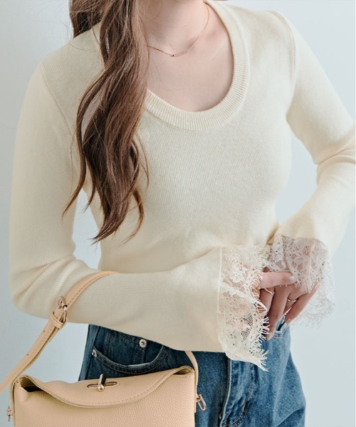 kirakiraShop(キラキラショップ)の「レース フレアスリーブ リブ ニット トップ(ニット/セーター・レディース・オレンジ/オフホワイト/ネイビー/ブラック/グリーン/ブラウン・FREE)」の8枚目の写真
