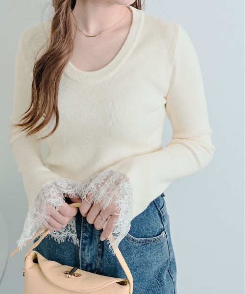 kirakiraShop(キラキラショップ)の「レース フレアスリーブ リブ ニット トップ(ニット/セーター・レディース・オレンジ/オフホワイト/ネイビー/ブラック/グリーン/ブラウン・FREE)」の9枚目の写真