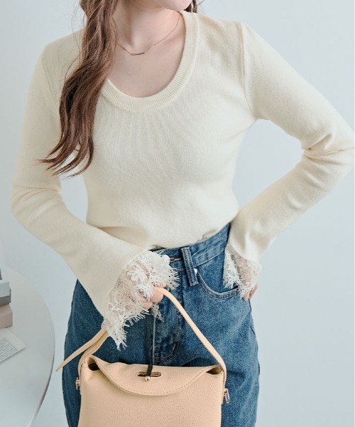 kirakiraShop(キラキラショップ)の「レース フレアスリーブ リブ ニット トップ(ニット/セーター・レディース・オレンジ/オフホワイト/ネイビー/ブラック/グリーン/ブラウン・FREE)」の10枚目の写真