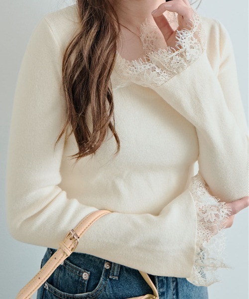 kirakiraShop(キラキラショップ)の「レース フレアスリーブ リブ ニット トップ(ニット/セーター・レディース・オレンジ/オフホワイト/ネイビー/ブラック/グリーン/ブラウン・FREE)」の11枚目の写真